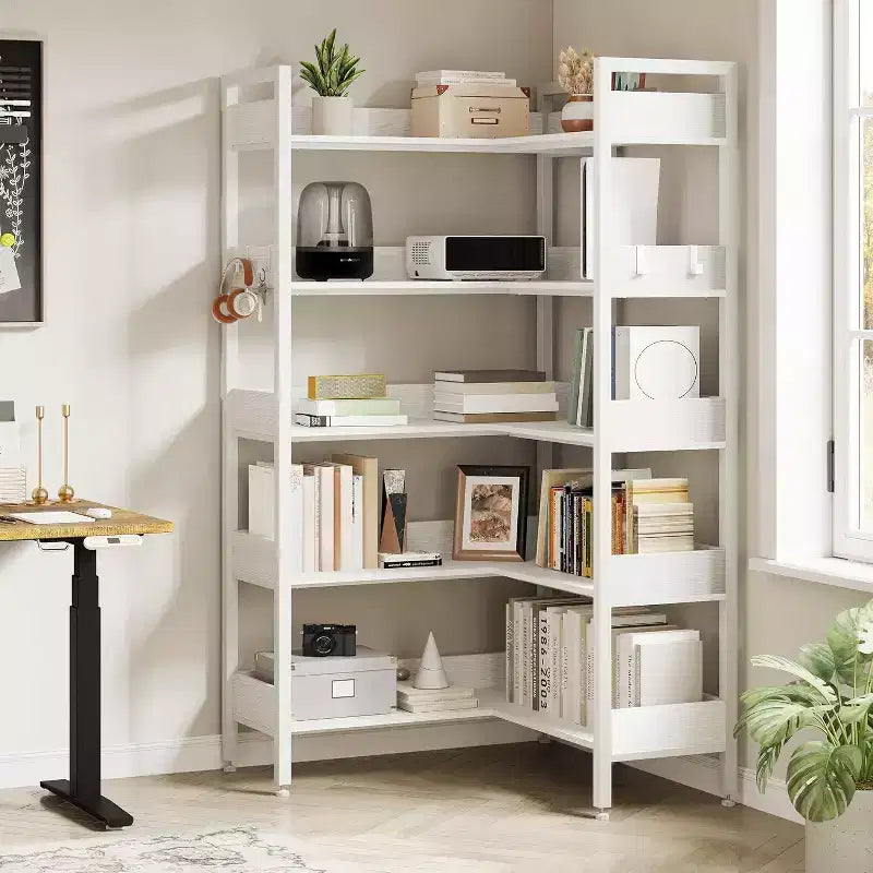Libreria angolare, Scaffale angolare convertibile a 5 ripiani, Scaffale portaoggetti a forma di L per casa, ufficio, soggiorno, studio