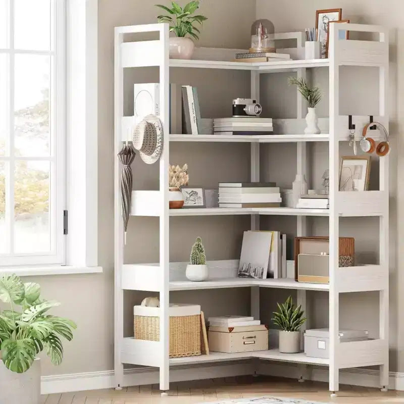 Libreria angolare, Scaffale angolare convertibile a 5 ripiani, Scaffale portaoggetti a forma di L per casa, ufficio, soggiorno, studio