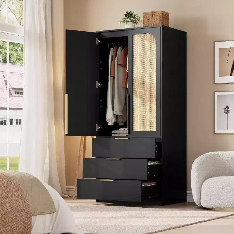 Acekool 70 Rattan Door Wardrobe - Standing Closet with 3 Drawers & Hanging Rod (White/Black/Wood color)
