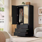 Acekool 70 Rattan Door Wardrobe - Standing Closet with 3 Drawers & Hanging Rod (White/Black/Wood color)