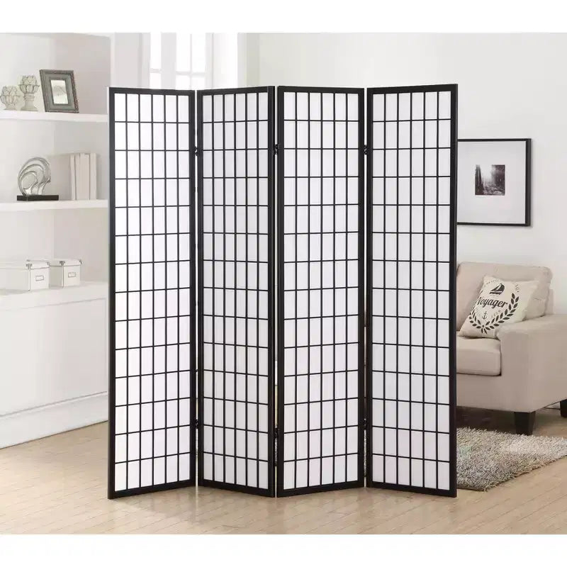 MAYEERTY 4 Panel Room Diviider Privacy Wood Paper Black
