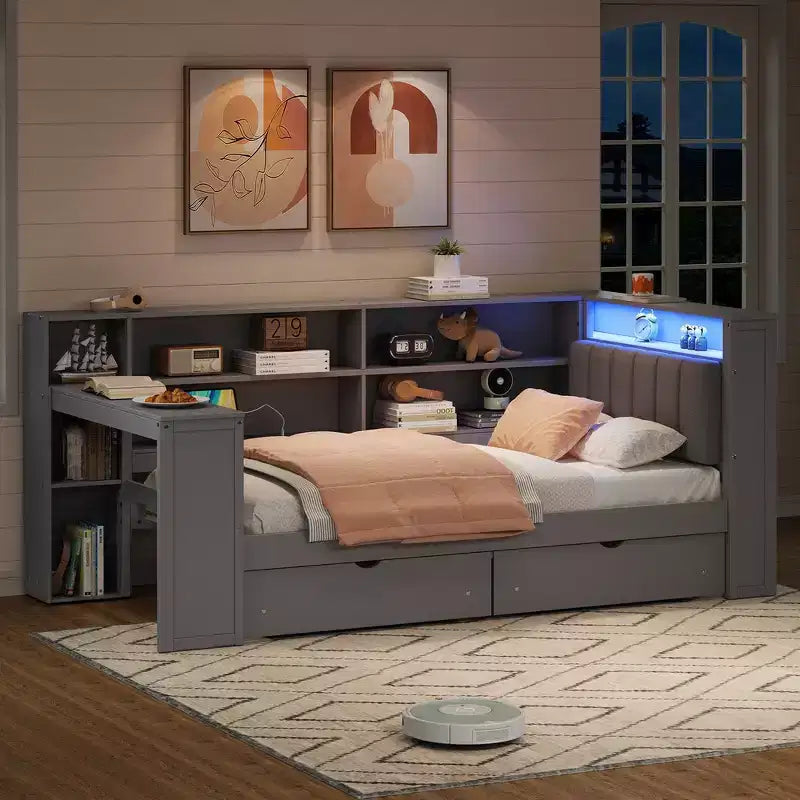 Whisen Twin Size Platform Bed with Storage Shelves, Drawers, Charging Station, LED, Desk and Headboard