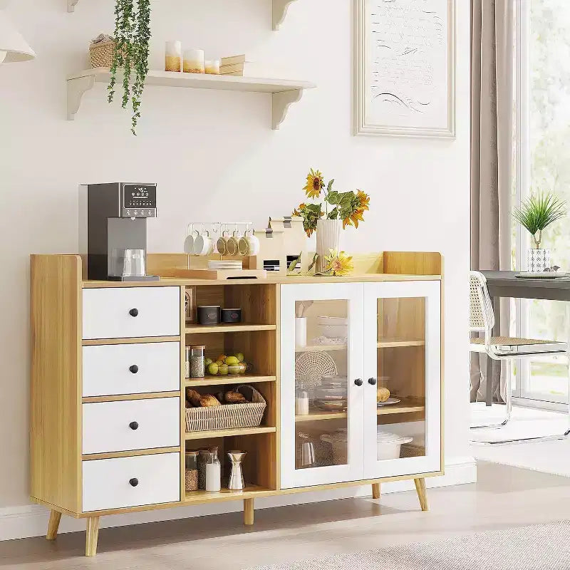 Madia da credenza in stile rustico con ripiani aperti e 4 cassetti, mobile contenitore grande da 140 cm con ante in vetro e ripiani regolabili