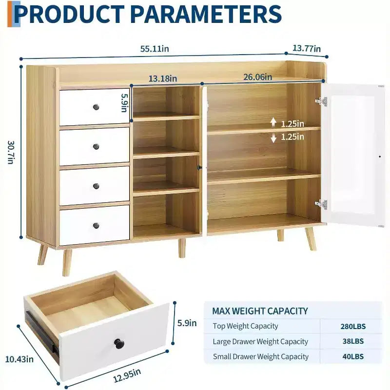 Madia da credenza in stile rustico con ripiani aperti e 4 cassetti, mobile contenitore grande da 140 cm con ante in vetro e ripiani regolabili