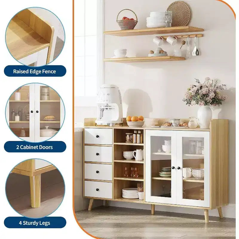 Madia da credenza in stile rustico con ripiani aperti e 4 cassetti, mobile contenitore grande da 140 cm con ante in vetro e ripiani regolabili