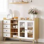 Madia da credenza in stile rustico con ripiani aperti e 4 cassetti, mobile contenitore grande da 140 cm con ante in vetro e ripiani regolabili