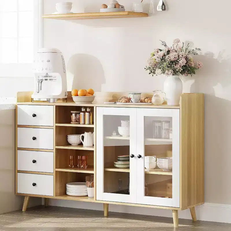 Madia da credenza in stile rustico con ripiani aperti e 4 cassetti, mobile contenitore grande da 140 cm con ante in vetro e ripiani regolabili