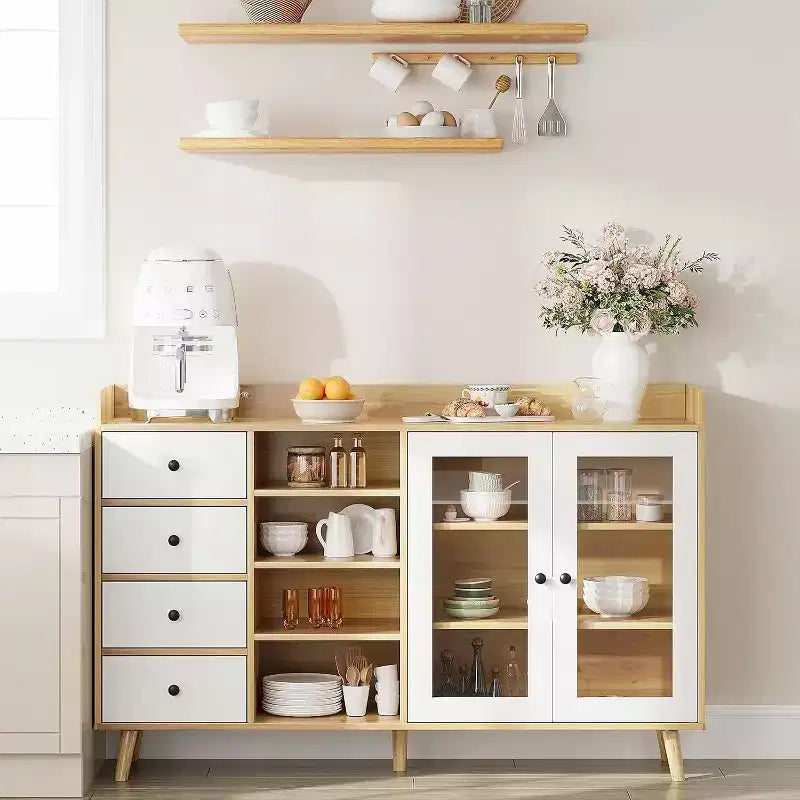 Madia da credenza in stile rustico con ripiani aperti e 4 cassetti, mobile contenitore grande da 140 cm con ante in vetro e ripiani regolabili