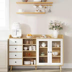 Madia da credenza in stile rustico con ripiani aperti e 4 cassetti, mobile contenitore grande da 140 cm con ante in vetro e ripiani regolabili