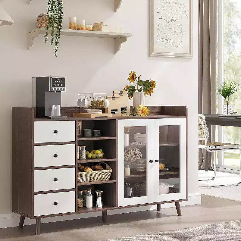Madia da credenza in stile rustico con ripiani aperti e 4 cassetti, mobile contenitore grande da 140 cm con ante in vetro e ripiani regolabili