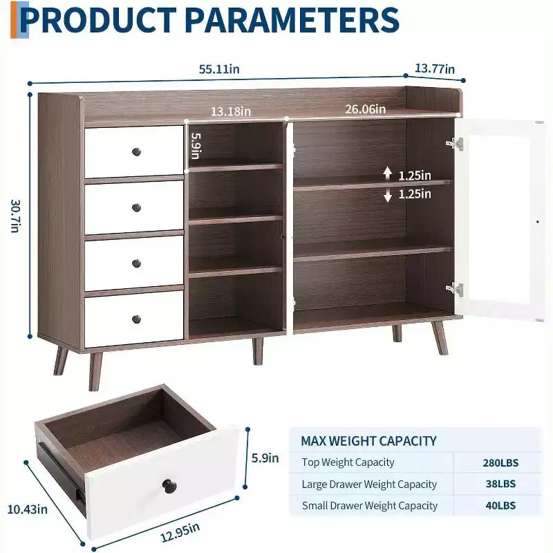 Madia da credenza in stile rustico con ripiani aperti e 4 cassetti, mobile contenitore grande da 140 cm con ante in vetro e ripiani regolabili