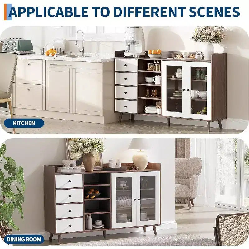 Madia da credenza in stile rustico con ripiani aperti e 4 cassetti, mobile contenitore grande da 140 cm con ante in vetro e ripiani regolabili