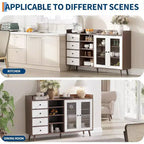 Madia da credenza in stile rustico con ripiani aperti e 4 cassetti, mobile contenitore grande da 140 cm con ante in vetro e ripiani regolabili