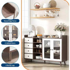 Madia da credenza in stile rustico con ripiani aperti e 4 cassetti, mobile contenitore grande da 140 cm con ante in vetro e ripiani regolabili
