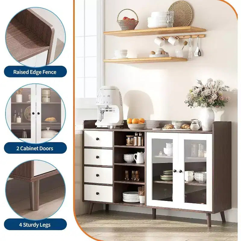 Madia da credenza in stile rustico con ripiani aperti e 4 cassetti, mobile contenitore grande da 140 cm con ante in vetro e ripiani regolabili