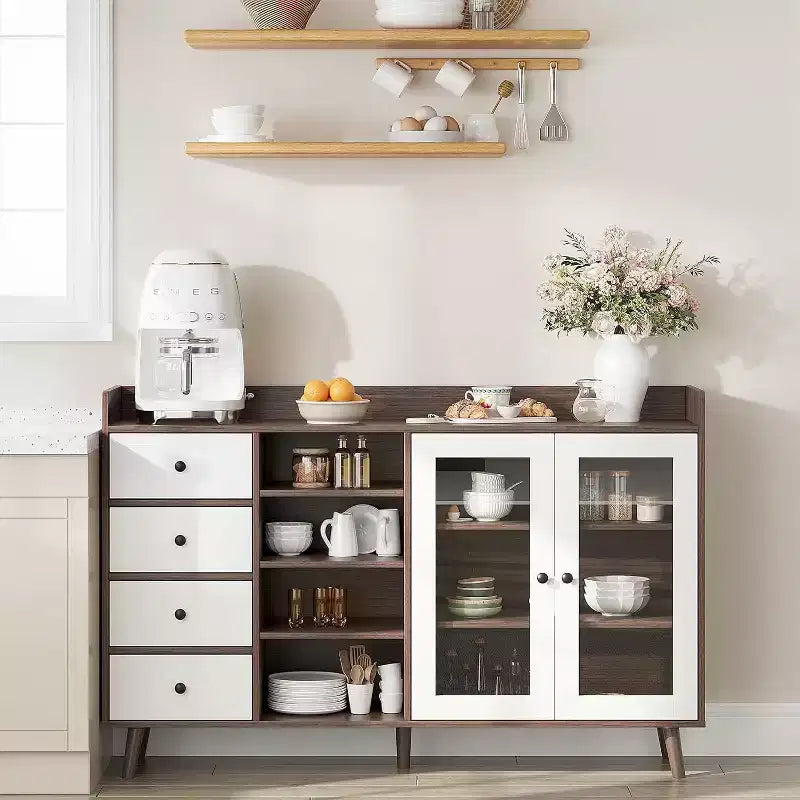 Madia da credenza in stile rustico con ripiani aperti e 4 cassetti, mobile contenitore grande da 140 cm con ante in vetro e ripiani regolabili