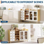 Madia da credenza in stile rustico con ripiani aperti e 4 cassetti, mobile contenitore grande da 140 cm con ante in vetro e ripiani regolabili