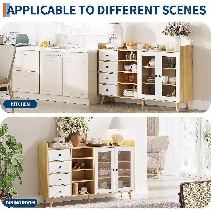 Madia da credenza in stile rustico con ripiani aperti e 4 cassetti, mobile contenitore grande da 140 cm con ante in vetro e ripiani regolabili