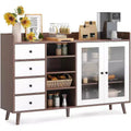 Farmhouse Style Sideboard Buffet Cabinet with Open Shelves and 4 Drawers, 55.11-Inch Large Storage Unit with Glass Doors and Adjustable Shelves