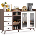 Farmhouse Style Sideboard Buffet Cabinet with Open Shelves and 4 Drawers, 55.11-Inch Large Storage Unit with Glass Doors and Adjustable Shelves