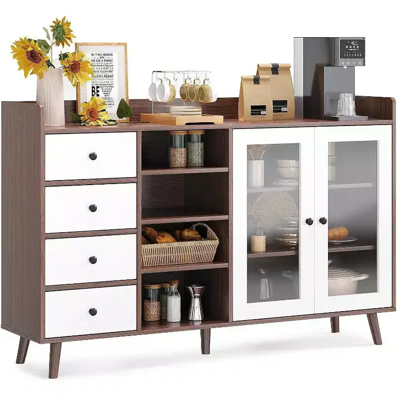 Farmhouse Style Sideboard Buffet Cabinet with Open Shelves and 4 Drawers, 55.11-Inch Large Storage Unit with Glass Doors and Adjustable Shelves