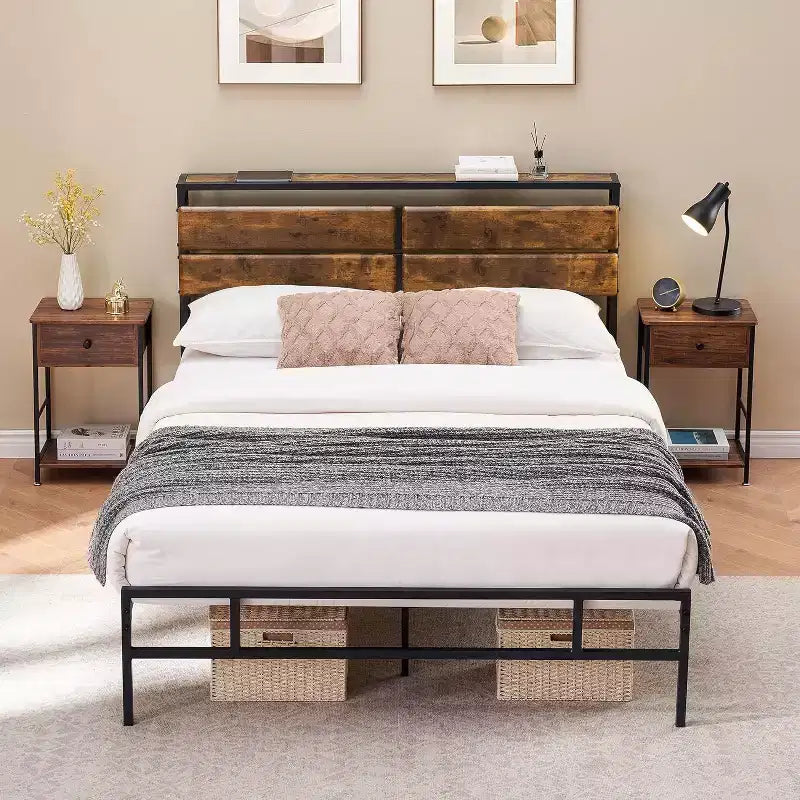 Acekool Twin Storage Bed - Overhead Shelf & Rustic Finish