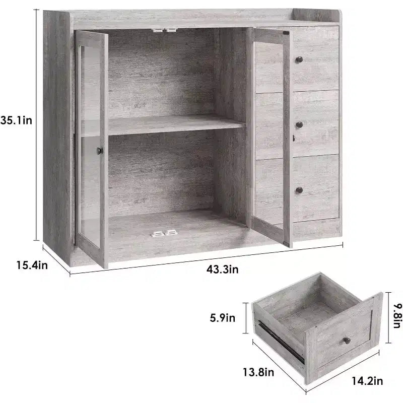 Credenza da buffet moderna da 43" con ripiano, credenza da cucina con design a ringhiera, ripiani regolabili e 3 cassetti, tavolo da buffet in legno