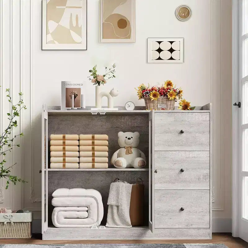 Credenza da buffet moderna da 43" con ripiano, credenza da cucina con design a ringhiera, ripiani regolabili e 3 cassetti, tavolo da buffet in legno