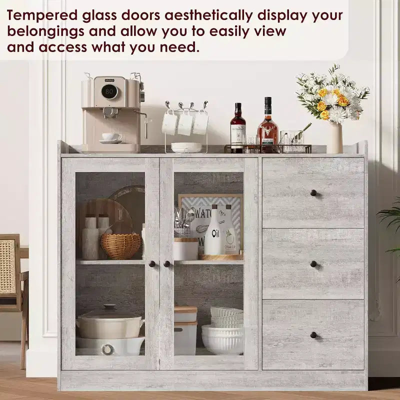 Credenza da buffet moderna da 43" con ripiano, credenza da cucina con design a ringhiera, ripiani regolabili e 3 cassetti, tavolo da buffet in legno
