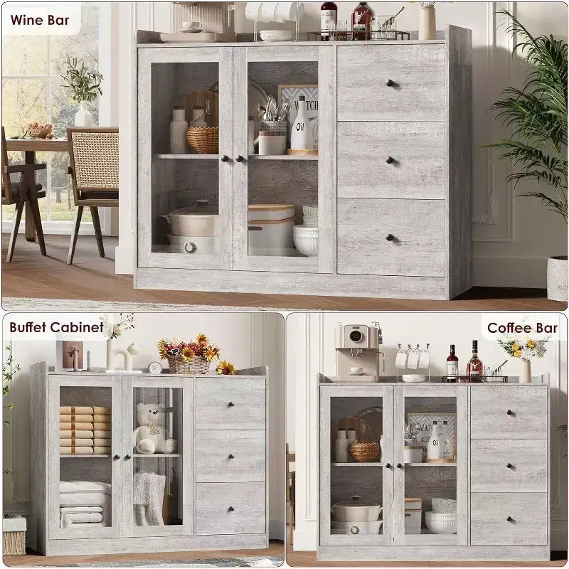 Credenza da buffet moderna da 43" con ripiano, credenza da cucina con design a ringhiera, ripiani regolabili e 3 cassetti, tavolo da buffet in legno