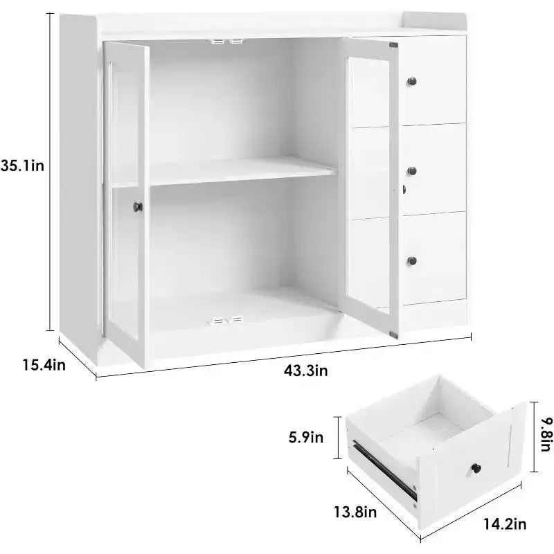 Credenza da buffet moderna da 43" con ripiano, credenza da cucina con design a ringhiera, ripiani regolabili e 3 cassetti, tavolo da buffet in legno