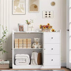 Credenza da buffet moderna da 43" con ripiano, credenza da cucina con design a ringhiera, ripiani regolabili e 3 cassetti, tavolo da buffet in legno