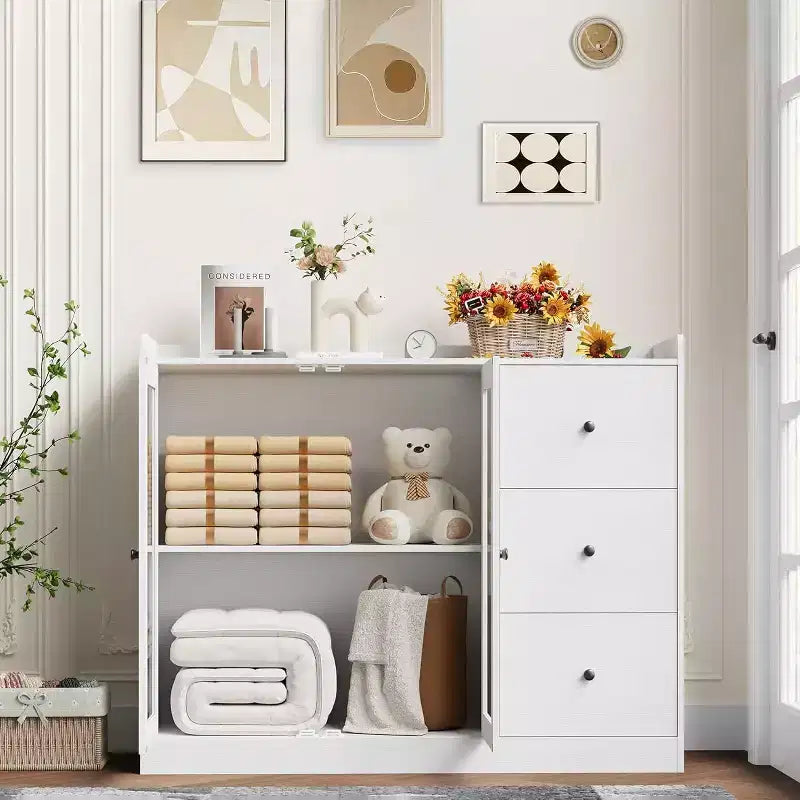 Credenza da buffet moderna da 43" con ripiano, credenza da cucina con design a ringhiera, ripiani regolabili e 3 cassetti, tavolo da buffet in legno