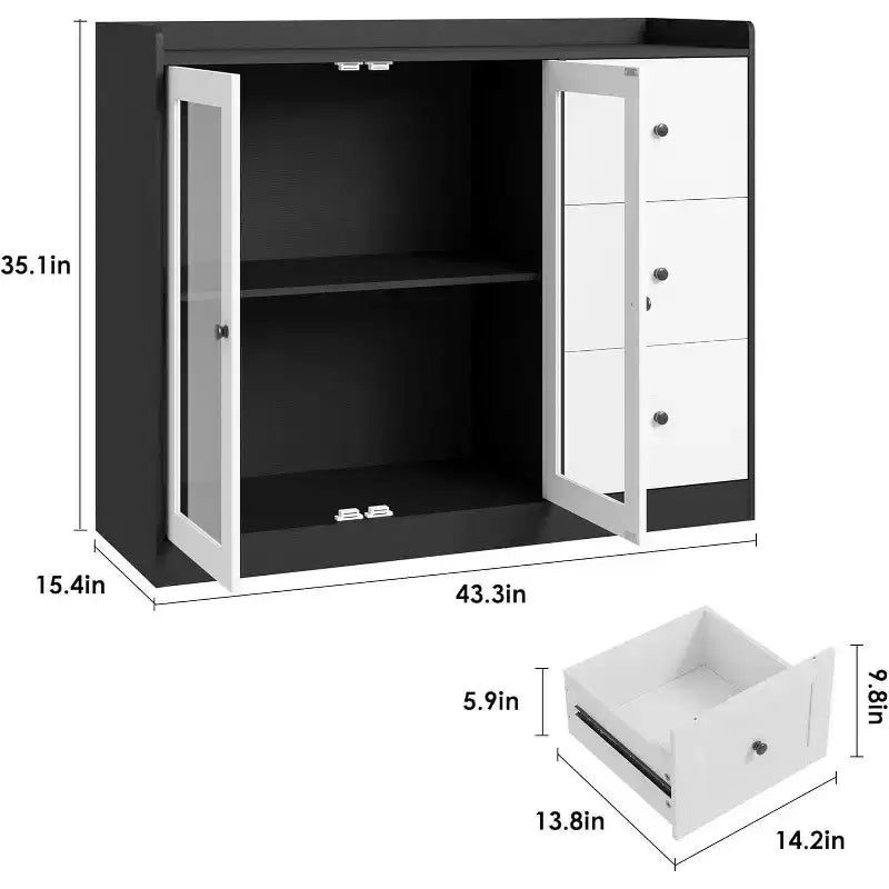 Credenza da buffet moderna da 43" con ripiano, credenza da cucina con design a ringhiera, ripiani regolabili e 3 cassetti, tavolo da buffet in legno
