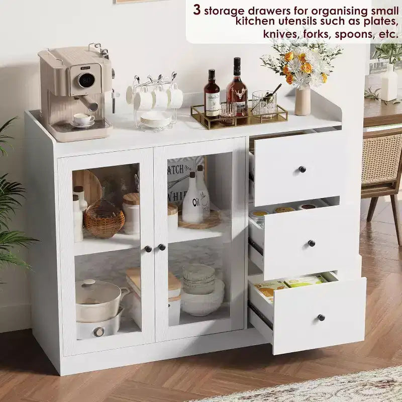 Credenza da buffet moderna da 43" con ripiano, credenza da cucina con design a ringhiera, ripiani regolabili e 3 cassetti, tavolo da buffet in legno