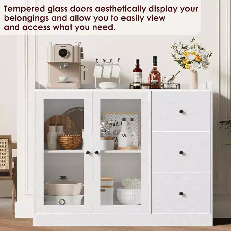 Credenza da buffet moderna da 43" con ripiano, credenza da cucina con design a ringhiera, ripiani regolabili e 3 cassetti, tavolo da buffet in legno