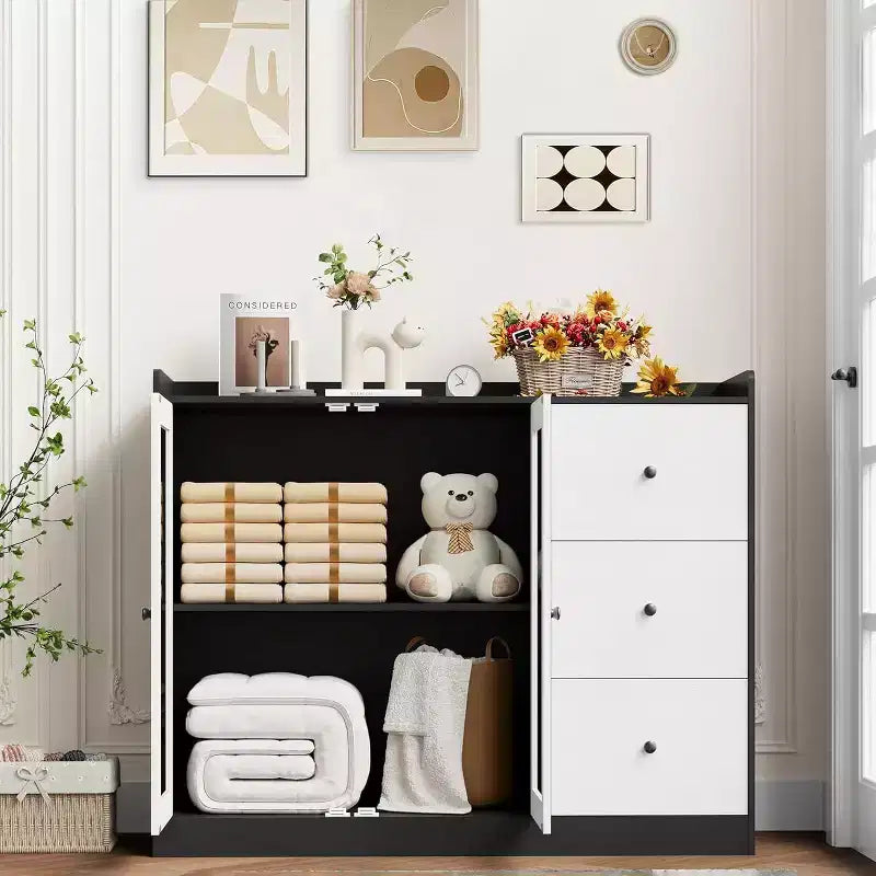 Credenza da buffet moderna da 43" con ripiano, credenza da cucina con design a ringhiera, ripiani regolabili e 3 cassetti, tavolo da buffet in legno