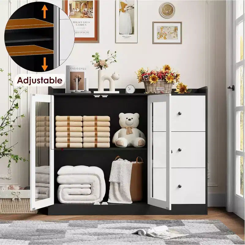 Credenza da buffet moderna da 43" con ripiano, credenza da cucina con design a ringhiera, ripiani regolabili e 3 cassetti, tavolo da buffet in legno