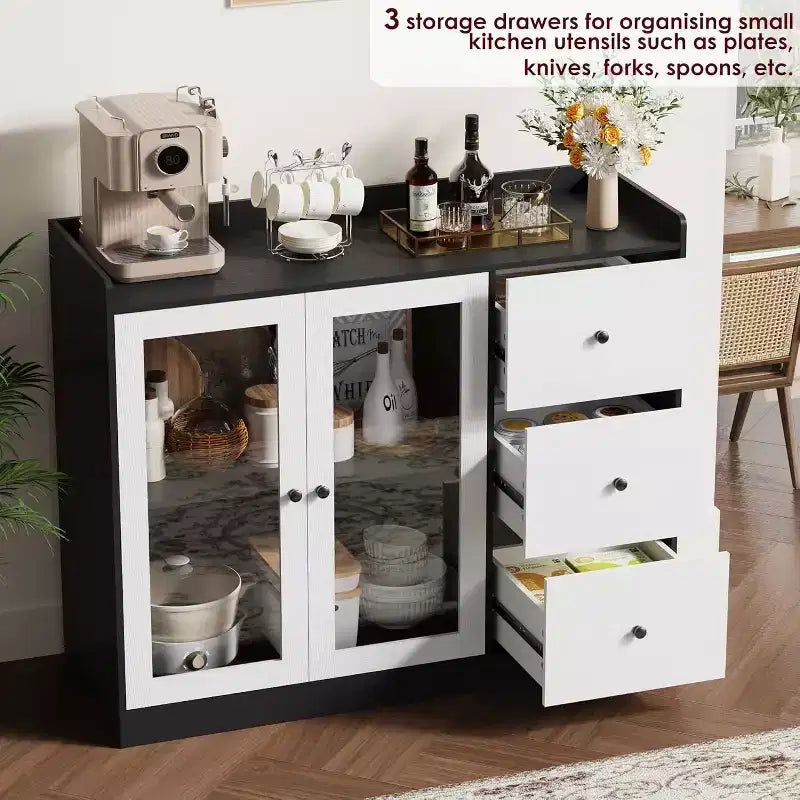 Credenza da buffet moderna da 43" con ripiano, credenza da cucina con design a ringhiera, ripiani regolabili e 3 cassetti, tavolo da buffet in legno