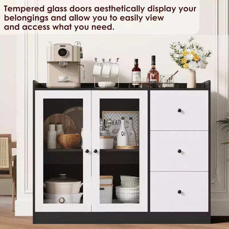 Credenza da buffet moderna da 43" con ripiano, credenza da cucina con design a ringhiera, ripiani regolabili e 3 cassetti, tavolo da buffet in legno