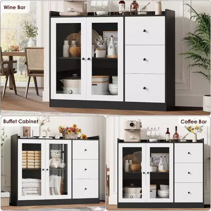 Credenza da buffet moderna da 43" con ripiano, credenza da cucina con design a ringhiera, ripiani regolabili e 3 cassetti, tavolo da buffet in legno