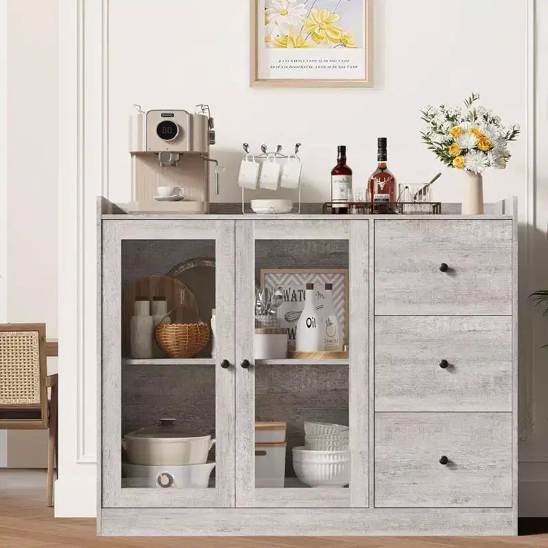 Credenza da buffet moderna da 43" con ripiano, credenza da cucina con design a ringhiera, ripiani regolabili e 3 cassetti, tavolo da buffet in legno