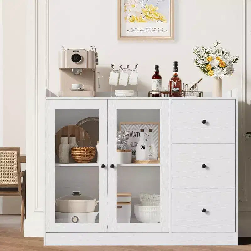 Credenza da buffet moderna da 43" con ripiano, credenza da cucina con design a ringhiera, ripiani regolabili e 3 cassetti, tavolo da buffet in legno