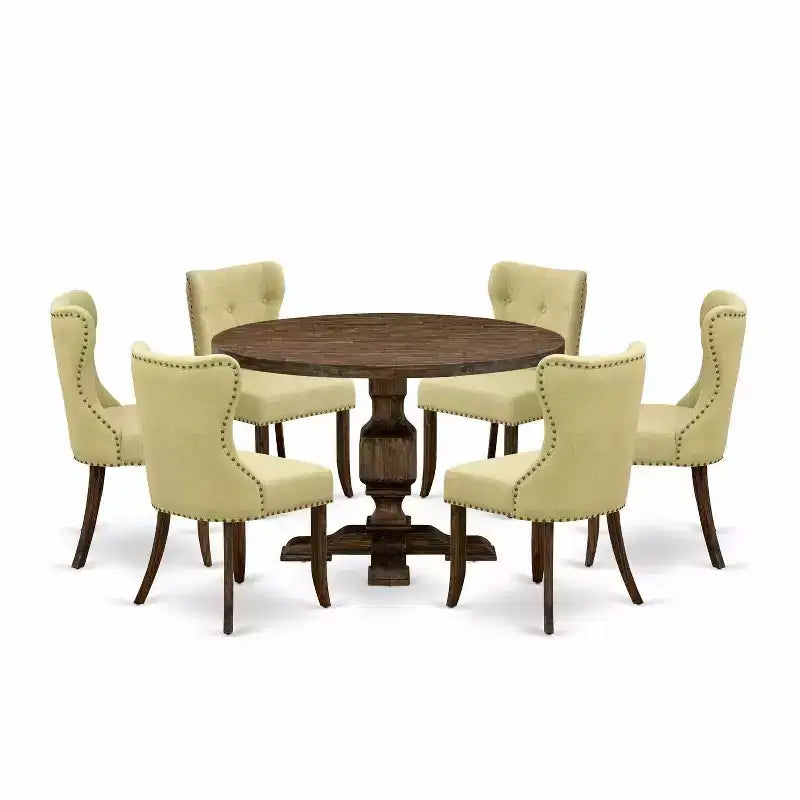 HomeStock 7-Piece Distressed Jacobean Finish Solid Wood Top Dining Table with 6 Parson Chairs