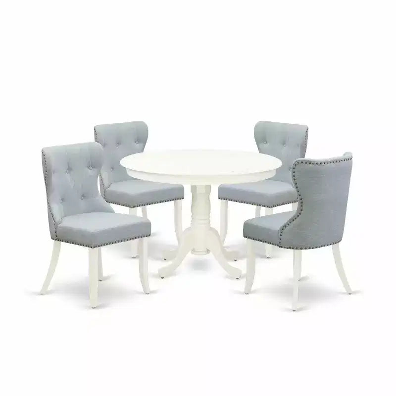 HomeStock 5-Piece Round Linen White Finish Solid Wood Top Dining table with 4 Chairs