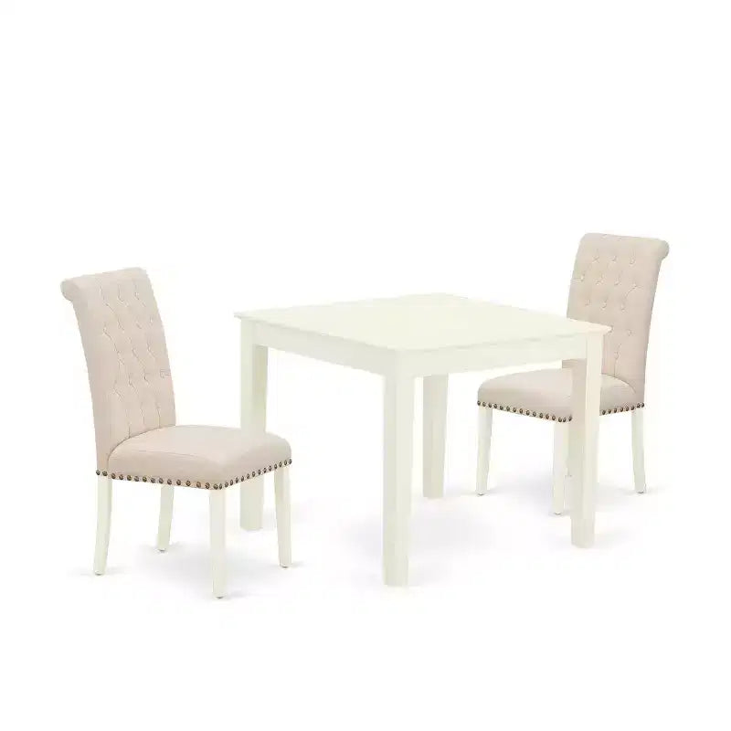 HomeStock 3-Piece Linen White Finish Square Solid Wood Top Dining Table Set
