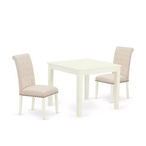 HomeStock 3-Piece Linen White Finish Square Solid Wood Top Dining Table Set