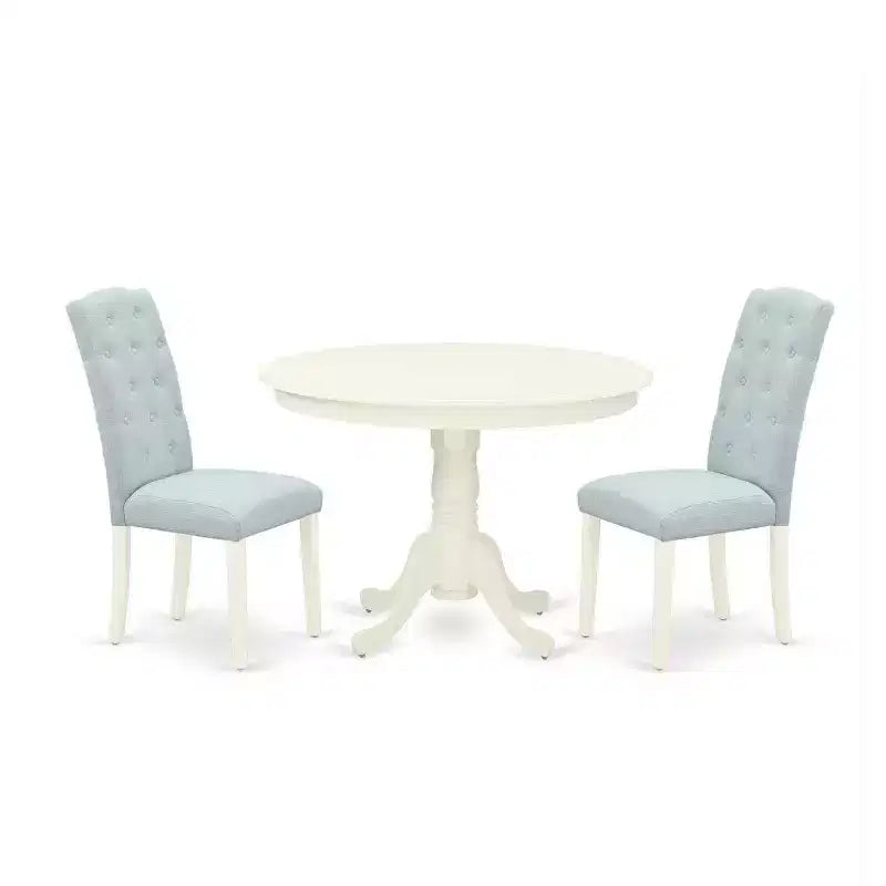 Coastal 3Pc Dinette Set - Round Table & 2 Parsons Chairs - Linen White & Baby Blue