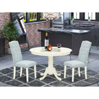 Set da pranzo 3 pezzi Coastal - Tavolo rotondo e 2 sedie Parsons - Bianco lino e azzurro