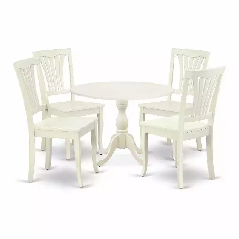 HomeStock 5-Pc Linen White Finish Solid Wood Top Dining table with 4 Chairs with Drop Leaf Slat Back